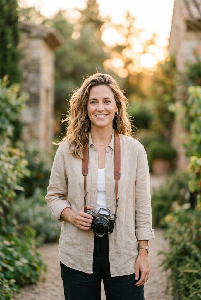 Isabel Monterroso, fotógrafa de Lumen, sonriendo con su cámara en un jardín