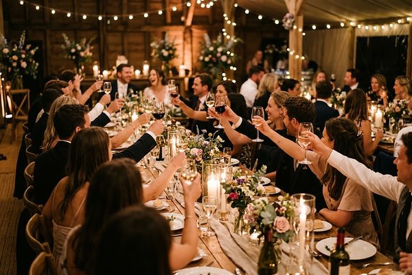 Invitados levantando sus copas en un brindis durante la cena bajo luces colgantes