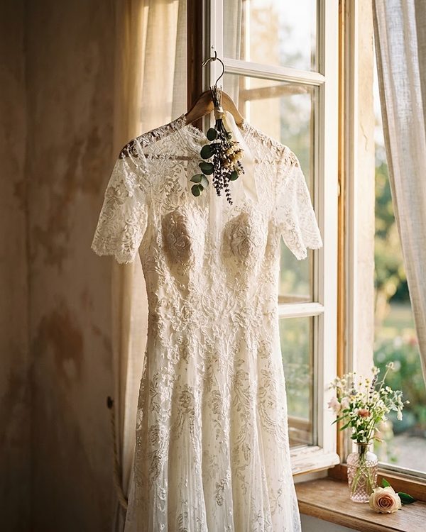 Vestido de novia de encaje colgado junto a una ventana con luz de tarde
