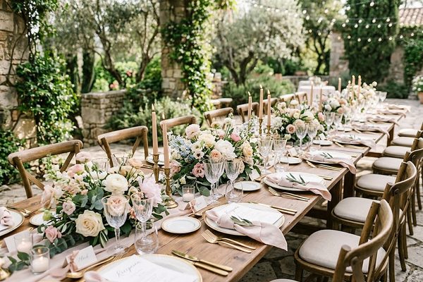 Mesa larga de recepción con flores rosadas, velas y vajilla dorada en un patio de piedra