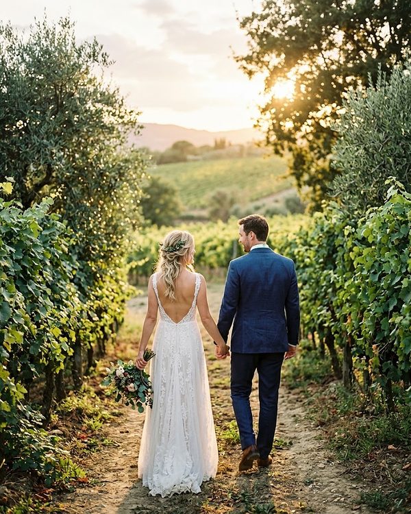 Novios de espaldas caminando de la mano por un sendero entre viñedos